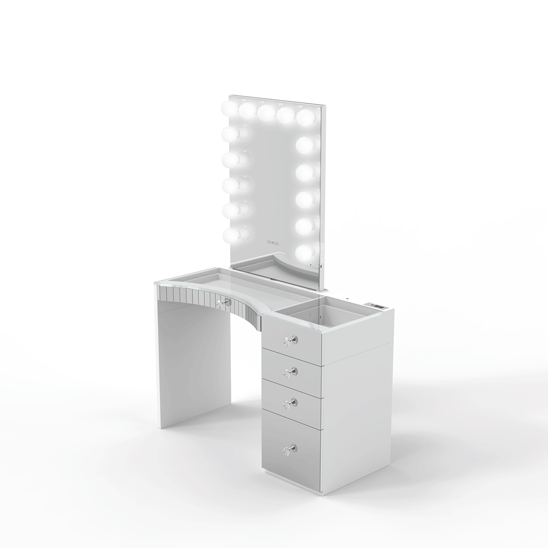 High-quality small Power Vanity desk with a carve-out design offering superior comfort compared to Hollywood style vanity or vanity desk alternatives.