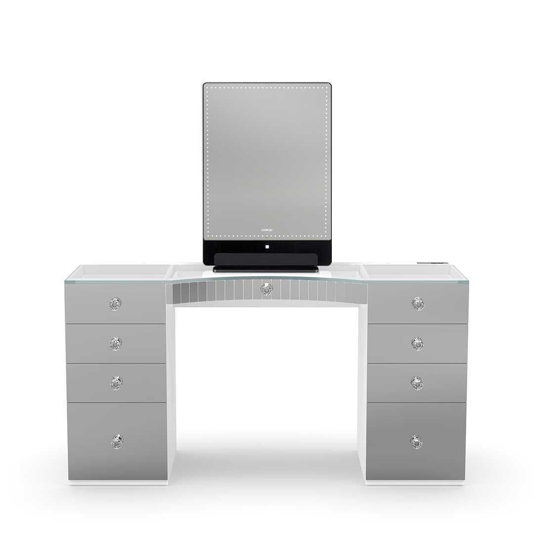 RIKI TALL black LED mirror with large power vanity, ideal for a sleek and modern makeup studio at home