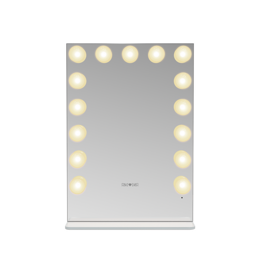 Small Riki Loves Riki Hollywood mirror with warm light, perfect for spaces where space is at a premium.