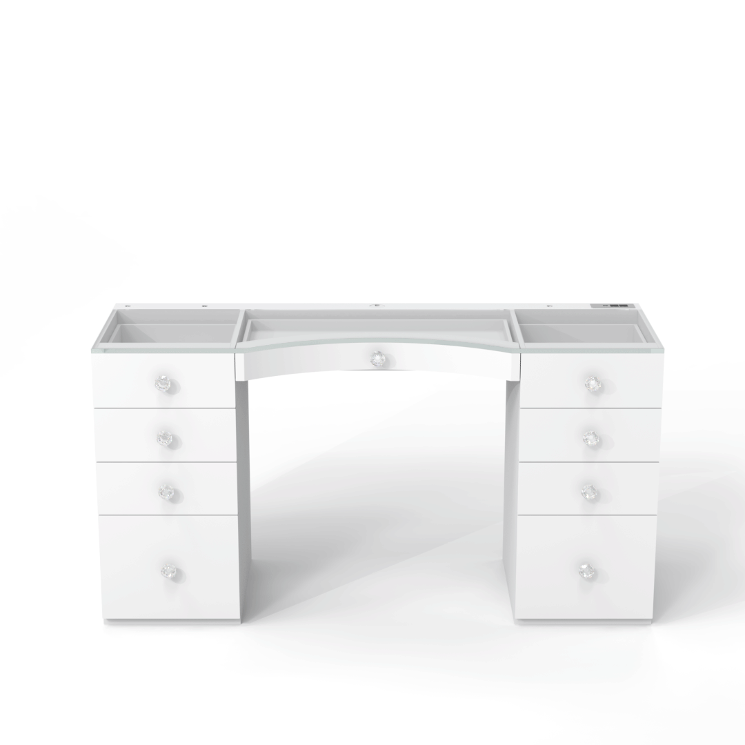 Elevate your beauty routine with the luxurious Hollywood mirror power vanity by Riki Loves Riki, complete with LED lights and a stylish mirror.