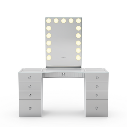Looking for better alternative to slaystation makeup vanity? Check out GLAMCOR Power Vanity & RIKI LOVES RIKI holly wood mirror, featuring high-definition smoothly dimmable LED lighting & stunning modern design