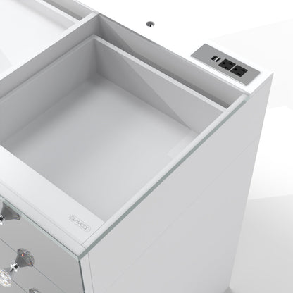 Top drawers under the ultra-clear glass provide practical storage for lipsticks, palettes, and other beauty essentials.