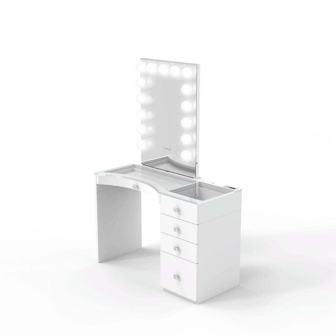 Side view of the Hollywood mirror and small Riki Loves Riki Power Vanity, outshining Impressions Vanity and SlayStation tables.