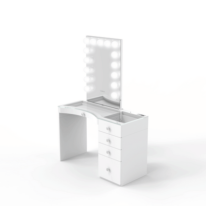 Side view of the Hollywood mirror and small Riki Loves Riki Power Vanity, outshining Impressions Vanity and SlayStation tables.