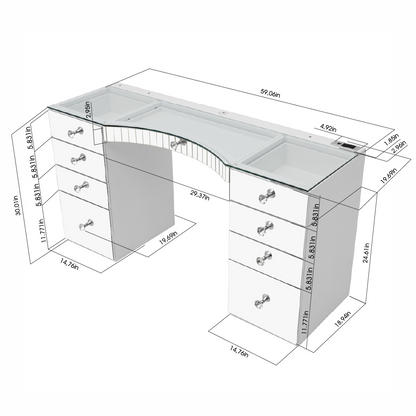 Riki Loves Riki Sassy Mirror Power Vanity Bundle - White Measurements: Detailed view of the white luxury vanity mirror with HD adjustable lighting and remote control.