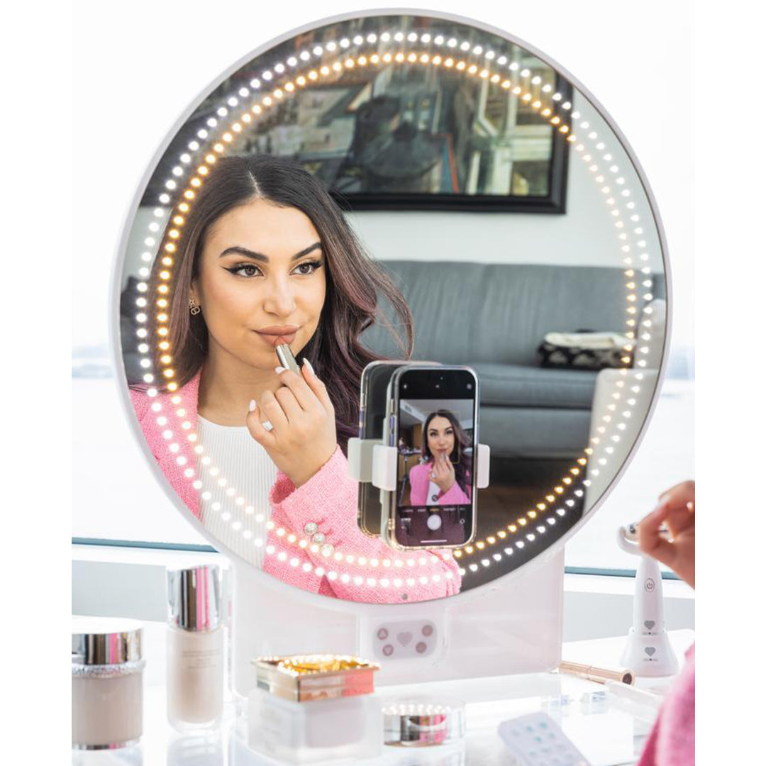 Stylish RIKI SASSY and Power vanity round LED Vanity Mirror with dual voltage and lightweight design.