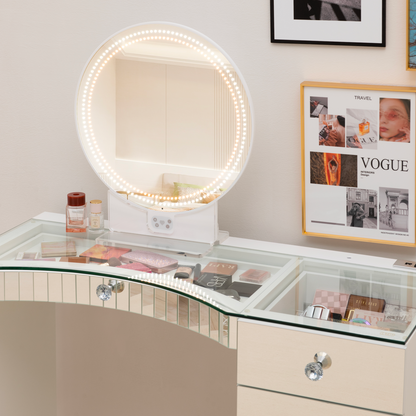 Achieve perfect lighting with the adjustable color temperature of RIKI SASSY round mirror and Power Vanity Bundle. 