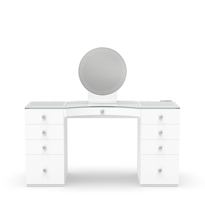 Remote-controlled RIKI SASSY round mirror for power makeup, dimming light, and amazing selfies.
