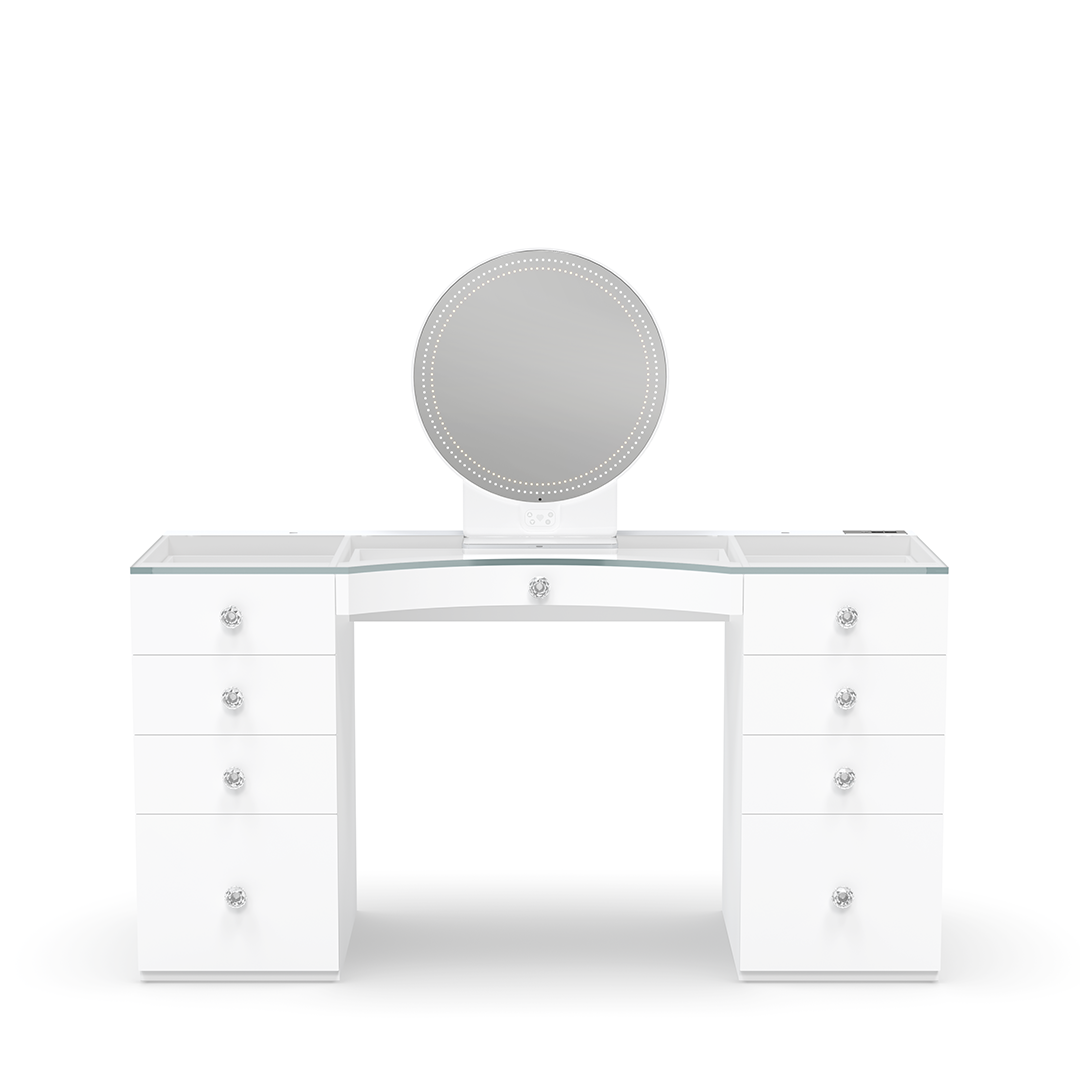 Riki Loves Riki Sassy Mirror Power Vanity Bundle in White - Large: The ultimate luxury table vanity mirror with adjustable HD lighting, Bluetooth selfie function, and remote control.