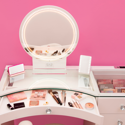 Adjustable color temperature and Bluetooth selfie function on RIKI SASSY round mirror.