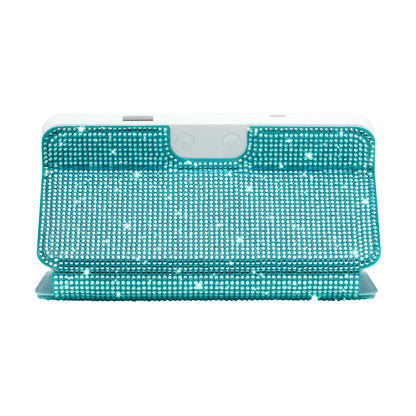 Back view of the Sparkle RIKI Powerful LED-lighted mirror and power bank in blue, ensuring your mirror is always ready to use with a phone bank charger.