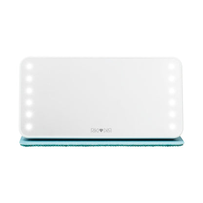 Front view of the Sparkle RIKI Powerful LED-lighted mirror and power bank in blue, adding a touch of vibrancy to your beauty routine with a portable mirror and charger.