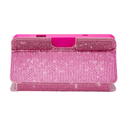 Back view of the Sparkle RIKI Powerful LED-lighted mirror and power bank in hot pink by RIKI LOVES RIKI, with a handheld mirror and portable cell phone charger.